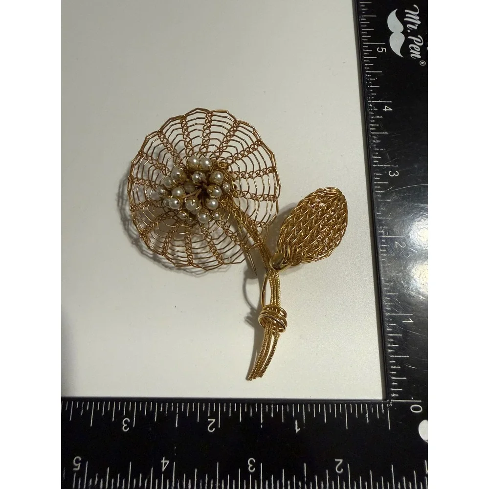 Vendome Gold Tone Wire Work Flower Brooch Faux Pearl Accents Vintage Jewelry